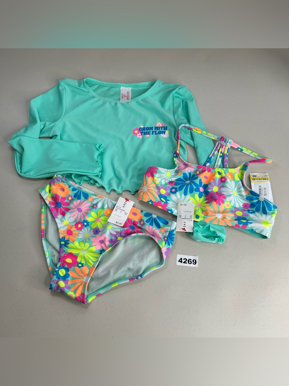 Cat & Jack Girls Swim Set M 3pc Floral Bralette Bikini + Long Sleeve Rash Guard